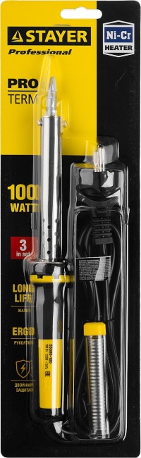 STAYER PROTerm, 100 Вт, клин, в наборе: припой + подставка, 2 К рукоятка, электропаяльник, Professional (55300-100)