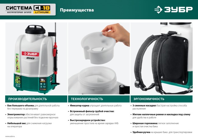 ЗУБР 15 л, 1 АКБ 4 А·ч, аккумуляторный опрыскиватель (ОПЛ-15-41)