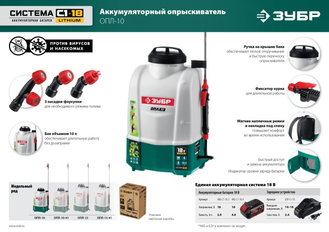 ЗУБР 15 л, 1 АКБ 4 А·ч, аккумуляторный опрыскиватель (ОПЛ-15-41)