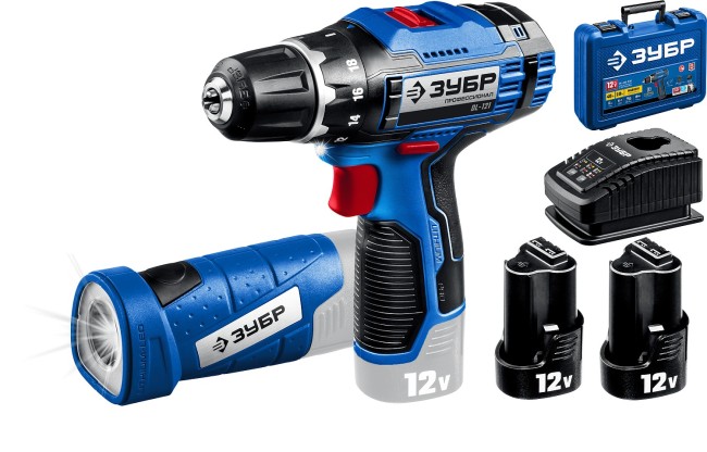 ЗУБР Т7, 12 В, 40 Н·м, 2 АКБ (2 А·ч), дрель-шуруповерт + LED фонарь, кейс, Профессионал (DL-121-22)