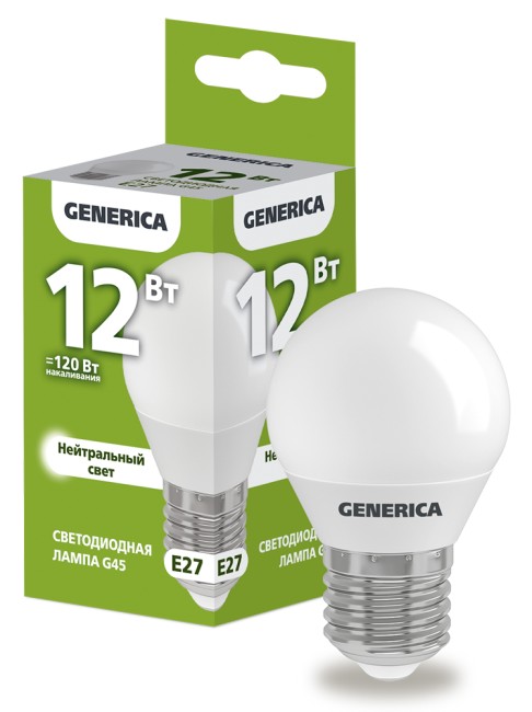 Лампа светодиодная G45 шар 12Вт 230В 4000К E27  | LL-G45-12-230-40-E27-G | GENERICA