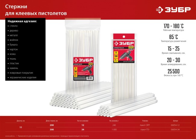 ЗУБР 11 х 300 мм, 34 шт, прозрачные универсальные клеевые стержни (06854-34)