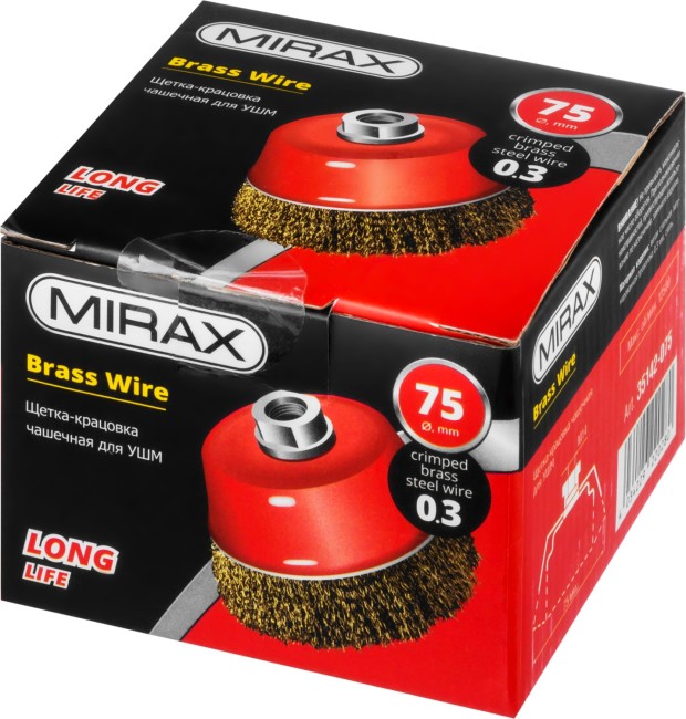 MIRAX 75 мм, витая стальная латунированная проволока 0.3 мм, чашечная щетка-крацовка для УШМ (35142-075) MIRAX 75 мм, витая стальная латунированная проволока 0.3 мм, чашечная щетка-крацовка для УШМ (35142-075)