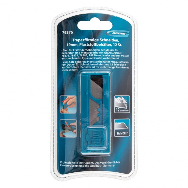 Лезвия, 19 мм, трапециевидные, пластиковый пенал, 12 шт Gross Лезвия, 19 мм, трапециевидные, пластиковый пенал, 12 шт Gross