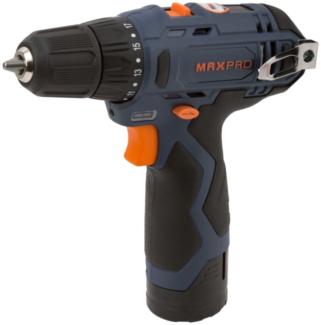 MAX-PRO Дрель-Шуруповерт аккумуляторная 12 В; 0-350/0-1300об/мин; 10мм; 26Нм; 2 батареи (Li-Ion) х1,3Ач; 17+1; 1ч.; регулировка оборотов; резиновые вс MAX-PRO Дрель-Шуруповерт аккумуляторная 12 В; 0-350/0-1300об/мин; 10мм; 26Нм; 2 батареи (Li-Ion) х1,3Ач; 17+1; 1ч.; регулировка оборотов; резиновые вс