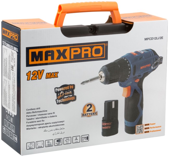 MAX-PRO Дрель-Шуруповерт аккумуляторная 12 В; 0-350/0-1300об/мин; 10мм; 26Нм; 2 батареи (Li-Ion) х1,3Ач; 17+1; 1ч.; регулировка оборотов; резиновые вс MAX-PRO Дрель-Шуруповерт аккумуляторная 12 В; 0-350/0-1300об/мин; 10мм; 26Нм; 2 батареи (Li-Ion) х1,3Ач; 17+1; 1ч.; регулировка оборотов; резиновые вс