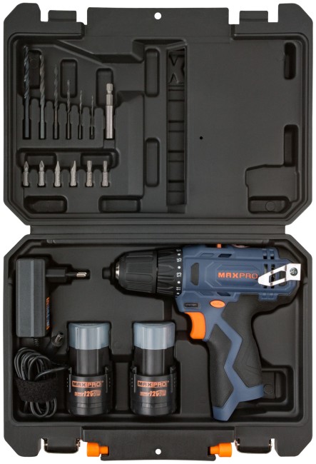 MAX-PRO Дрель-Шуруповерт аккумуляторная 12 В; 0-350/0-1300об/мин; 10мм; 26Нм; 2 батареи (Li-Ion) х1,3Ач; 17+1; 1ч.; регулировка оборотов; резиновые вс MAX-PRO Дрель-Шуруповерт аккумуляторная 12 В; 0-350/0-1300об/мин; 10мм; 26Нм; 2 батареи (Li-Ion) х1,3Ач; 17+1; 1ч.; регулировка оборотов; резиновые вс