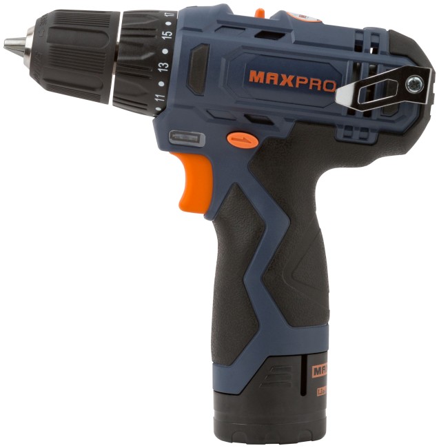 MAX-PRO Дрель-Шуруповерт аккумуляторная 12 В; 0-350/0-1300об/мин; 10мм; 26Нм; 2 батареи (Li-Ion) х1,3Ач; 17+1; 1ч.; регулировка оборотов; резиновые вс MAX-PRO Дрель-Шуруповерт аккумуляторная 12 В; 0-350/0-1300об/мин; 10мм; 26Нм; 2 батареи (Li-Ion) х1,3Ач; 17+1; 1ч.; регулировка оборотов; резиновые вс