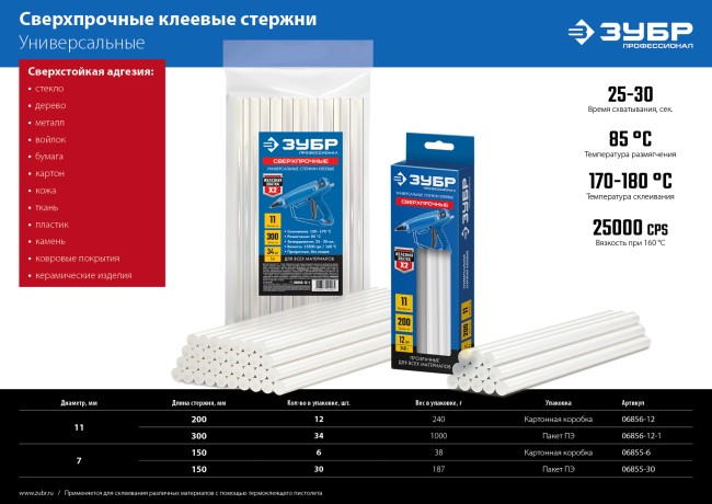 ЗУБР 11 х 300 мм, 34 шт, сверхпрочные прозрачные клеевые стержни, Профессионал (06856-12-1)