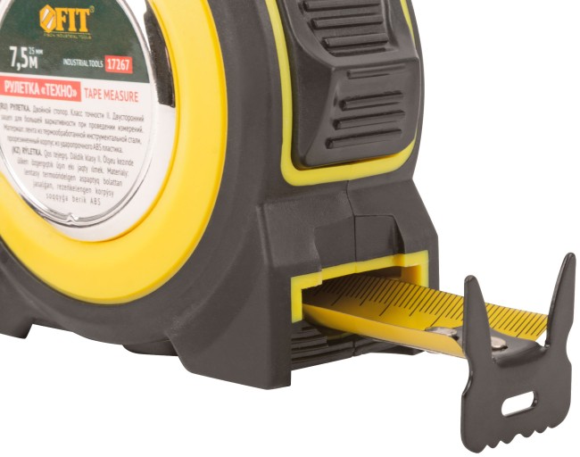 Рулетка прорезиненный корпус, двойной стопор "Техно" 7,5 м x 25 мм Рулетка прорезиненный корпус, двойной стопор "Техно" 7,5 м x 25 мм