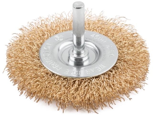 Щетка для дрели, тип "Плоская", латунированная витая проволока 0,3 мм, 75 мм, CUTOP Profi