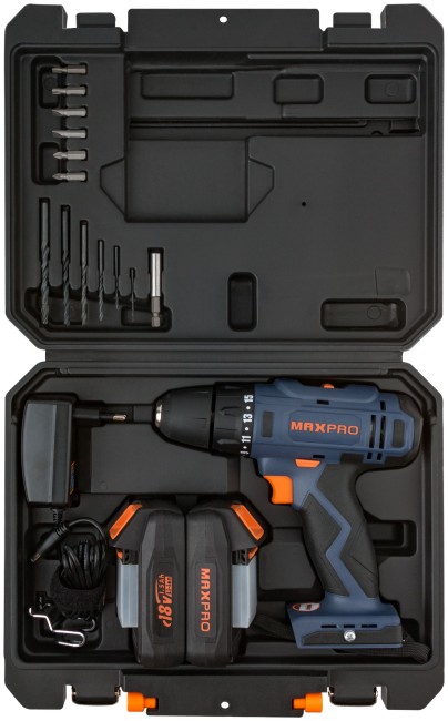 MAX-PRO Дрель-Шуруповерт аккумуляторная 18 В; 0-350/0-1250об/мин; 10мм; 30Нм; 2 батареи (Li-Ion) х1,5Ач; 15+1; 1ч.; регулировка оборотов; резиновые вс MAX-PRO Дрель-Шуруповерт аккумуляторная 18 В; 0-350/0-1250об/мин; 10мм; 30Нм; 2 батареи (Li-Ion) х1,5Ач; 15+1; 1ч.; регулировка оборотов; резиновые вс