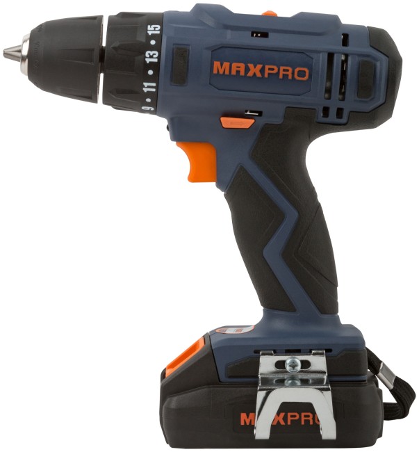 MAX-PRO Дрель-Шуруповерт аккумуляторная 18 В; 0-350/0-1250об/мин; 10мм; 30Нм; 2 батареи (Li-Ion) х1,5Ач; 15+1; 1ч.; регулировка оборотов; резиновые вс MAX-PRO Дрель-Шуруповерт аккумуляторная 18 В; 0-350/0-1250об/мин; 10мм; 30Нм; 2 батареи (Li-Ion) х1,5Ач; 15+1; 1ч.; регулировка оборотов; резиновые вс