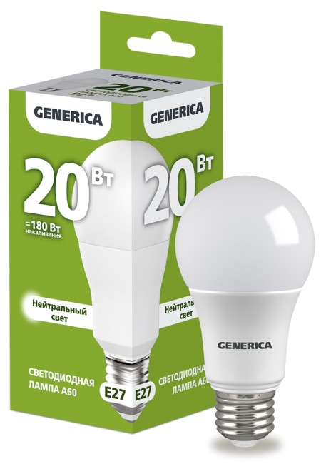 Лампа светодиодная A60 груша 20Вт 230В 4000К E27  | LL-A60-20-230-40-E27-G | GENERICA