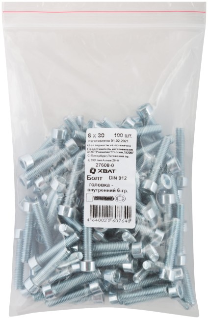Болт, головка - внутренний 6-гранник DIN 912 6х30 100 шт. Фасовка Болт, головка - внутренний 6-гранник DIN 912 6х30 100 шт. Фасовка