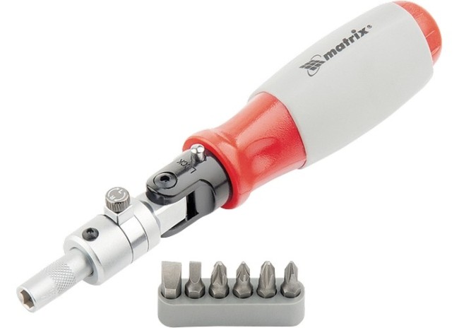Отвертка реверсивная, поворотная головка, набор бит, CrV, 6 шт Matrix Отвертка реверсивная, поворотная головка, набор бит, CrV, 6 шт Matrix