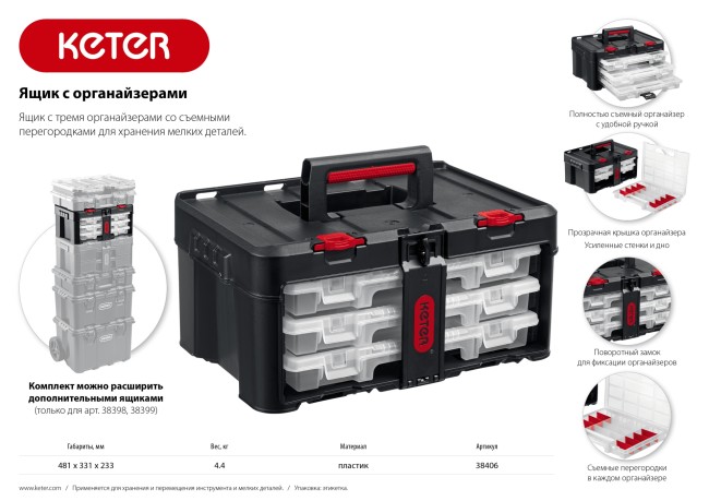 KETER STACKNROLL, 481 х 332 х 233 мм, (19″), пластиковый ящик с 3 органайзерами и 18 ячейками (38406) KETER STACKNROLL, 481 х 332 х 233 мм, (19″), пластиковый ящик с 3 органайзерами и 18 ячейками (38406)