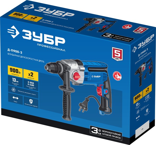 ЗУБР 900 Вт, 13 мм, безударная дрель, 2-скоростная, мет. корпус, Профессионал (Д-П900-2) ЗУБР 900 Вт, 13 мм, безударная дрель, 2-скоростная, мет. корпус, Профессионал (Д-П900-2)