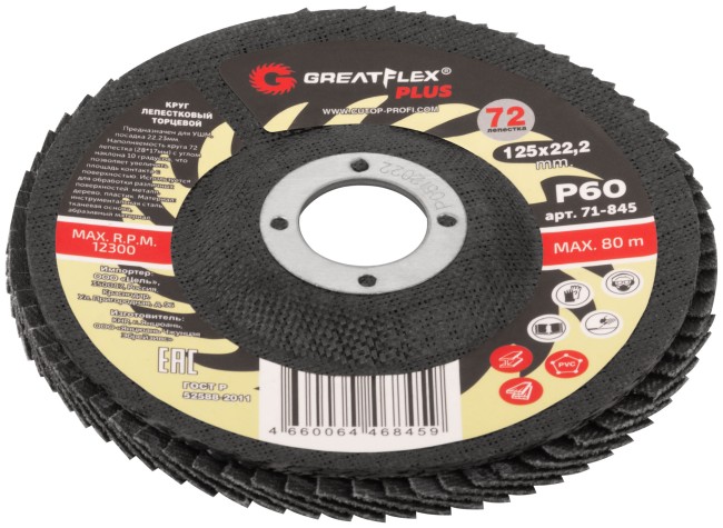 Круг лепестковый торцевой GreatFlex Plus (72 лепестка) 125 х 22,2 мм, P60 Круг лепестковый торцевой GreatFlex Plus (72 лепестка) 125 х 22,2 мм, P60