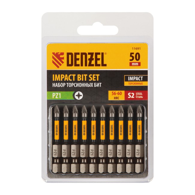 Бита IMPACT, PZ1x50 мм, лазерная обработка шлица, сталь S2, 10 шт., Е 6,3 Denzel Бита IMPACT, PZ1x50 мм, лазерная обработка шлица, сталь S2, 10 шт., Е 6,3 Denzel