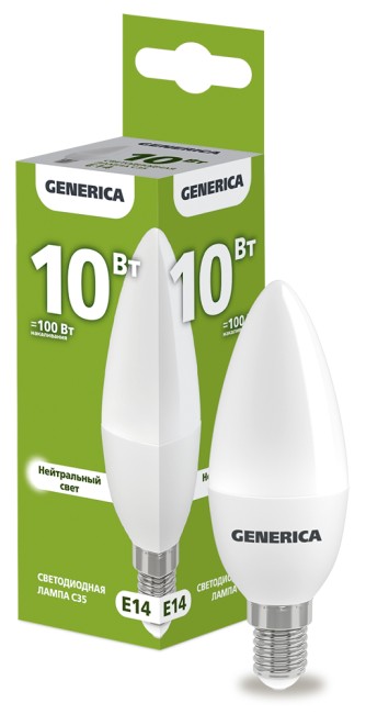Лампа светодиодная C35 свеча 10Вт 230В 4000К E14  | LL-C35-10-230-40-E14-G | GENERICA