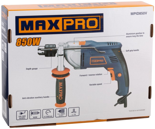 MAX-PRO Дрель ударная 850 Вт; 0-2700об/мин; ключевой патрон 1,5-13мм; 2,4 кг; антивибрационная ручка; резиновые вставки; металлический корпус редуктор