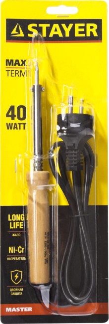 STAYER MAXTerm, 40 Вт, конус, электропаяльник с деревянной рукояткой (55310-40) STAYER MAXTerm, 40 Вт, конус, электропаяльник с деревянной рукояткой (55310-40)