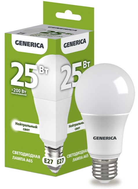 Лампа светодиодная A65 груша 25Вт 230В 4000К E27  | LL-A65-25-230-40-E27-G | GENERICA