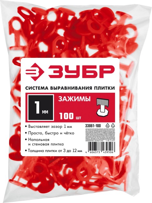 ЗУБР СВП, 1.0 мм, зажим 100 шт, система выравнивания плитки (33861-100)