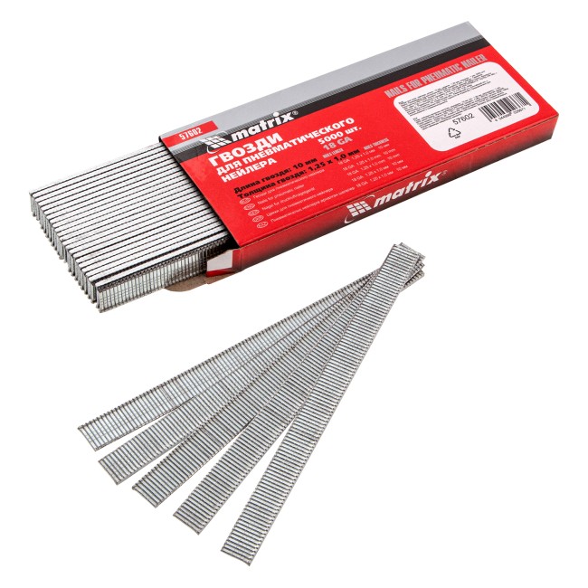 Гвозди для пневматического нейлера, длина 10 мм, ширина 1.25 мм, толщина 1 мм, 5000 шт Matrix Гвозди для пневматического нейлера, длина 10 мм, ширина 1.25 мм, толщина 1 мм, 5000 шт Matrix