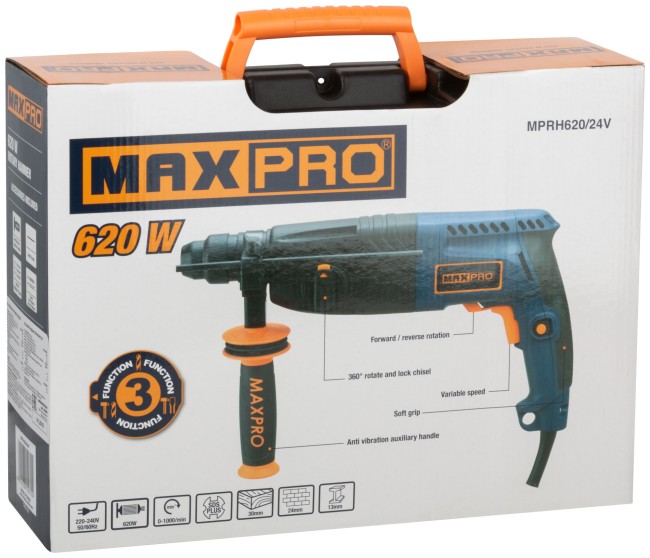 MAX-PRO Перфоратор монтажный 620 Вт; 0-1000об/мин; 2,5Дж; 3 режима; Д/Б/М-30/24/13; 2,8кг; SDS-PLUS; антивибрационная ручка; резиновые вставки; резино
