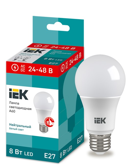 Лампа светодиодная низковольтная LED A60 груша 8Вт 24-48В 4000К E27 | LLE-A60-08-24-48-40-E27 | IEK