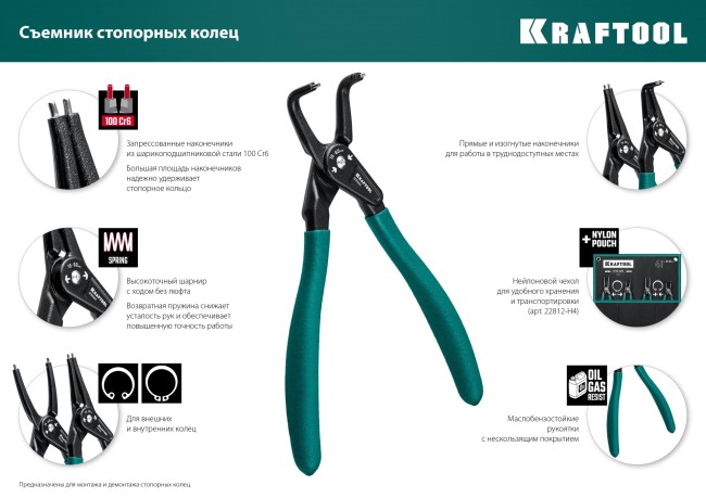 KRAFTOOL 180 мм, прямые губки, внутренний, Ссъемник стопорных колец (22812-1)