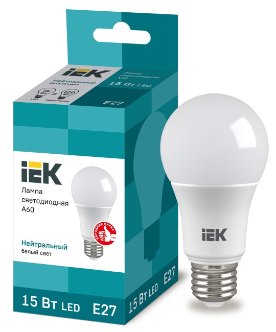 Лампа светодиодная LED 15Вт Е27 220В 4000К A60 груша | LLE-A60-15-230-40-E27 | IEK