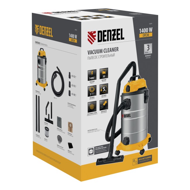 Пылесос строительный LVC30, 1400 Вт, бак 30 л, шланг 3 м, розетка с автосинхр. Denzel
