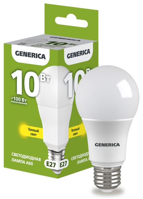 Лампа светодиодная A60 груша 10Вт 230В 3000К E27  | LL-A60-10-230-30-E27-G | GENERICA
