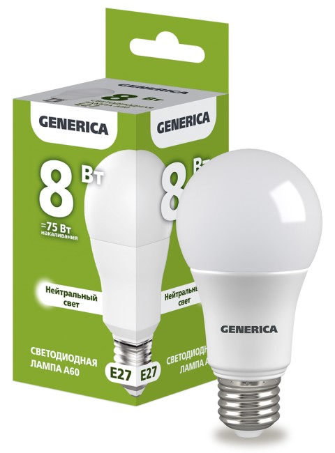 Лампа светодиодная A60 груша 8Вт 230В 4000К E27  | LL-A60-08-230-40-E27-G | GENERICA