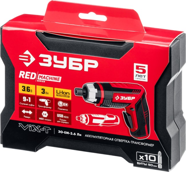 ЗУБР ViX-T 3.6 В, аккумуляторная отвертка-трансформер, кейс, 10 бит (ЗО-ЕМ-3.6 Ли) ЗУБР ViX-T 3.6 В, аккумуляторная отвертка-трансформер, кейс, 10 бит (ЗО-ЕМ-3.6 Ли)