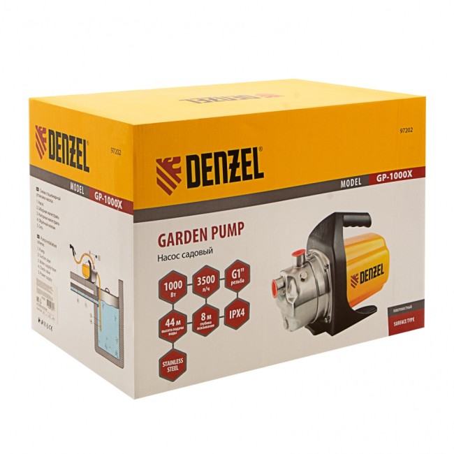 Садовый поверхностный насос GP 1000Х, 1000 Вт, 3500 л/ч, подъем 44 м, нержавейка Denzel Садовый поверхностный насос GP 1000Х, 1000 Вт, 3500 л/ч, подъем 44 м, нержавейка Denzel