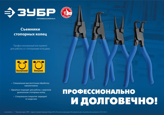 ЗУБР 180 мм, прямые губки, внутренний съемник стопорных колец, Профессионал (22821-1)