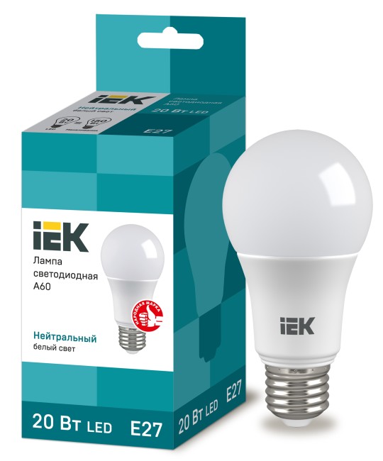 Лампа светодиодная LED 20Вт Е27 220В 4000К A60 груша | LLE-A60-20-230-40-E27 | IEK