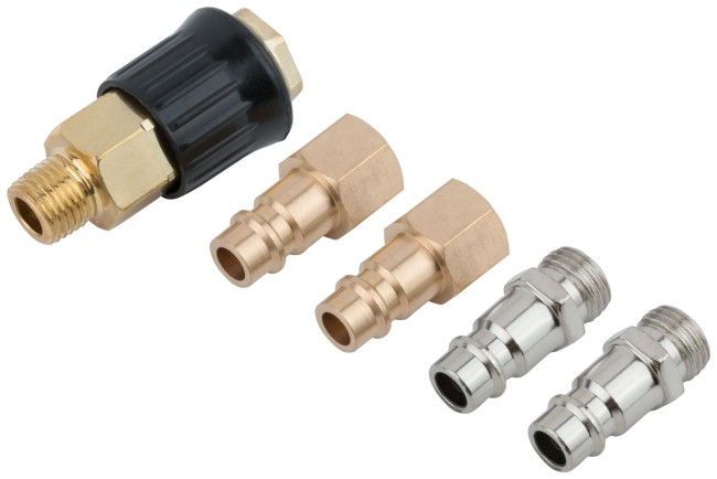 Набор адаптеров: 2 адаптера на пистолет с внешней резьбой, 2 адаптера на пистолет с внутренней резьбой, адаптер на шланг Набор адаптеров: 2 адаптера на пистолет с внешней резьбой, 2 адаптера на пистолет с внутренней резьбой, адаптер на шланг