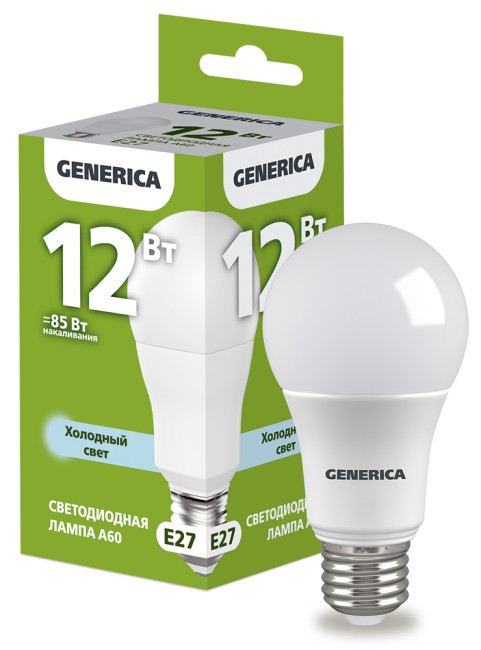 Лампа светодиодная A60 груша 12Вт 230В 6500К E27  | LL-A60-12-230-65-E27-G | GENERICA