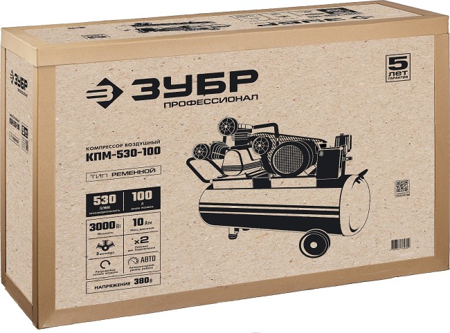 ЗУБР 530 л/мин, 100 л, 3000 Вт, ременной масляный компрессор, Профессионал (КПМ-530-100)