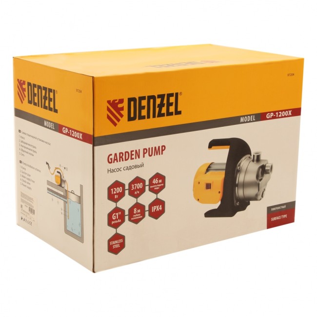 Садовый поверхностный насос GP1200Х, 1200 Вт, 3700 л/ч, подъем 46 м, нержавейка Denzel