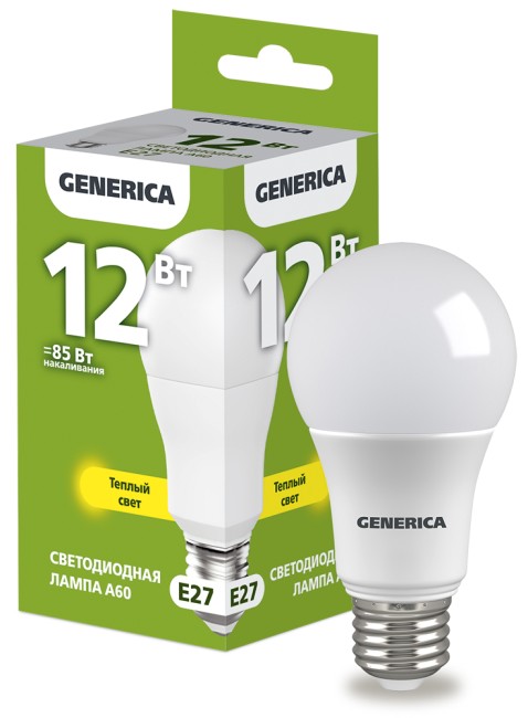 Лампа светодиодная A60 груша 12Вт 230В 3000К E27  | LL-A60-12-230-30-E27-G | GENERICA