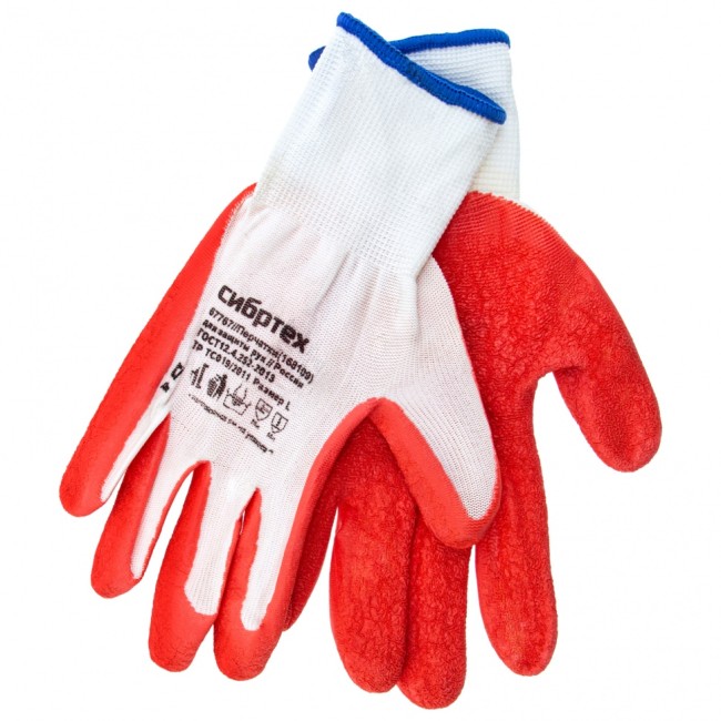 Перчатки полиэфирные с рельефным покрытием из нат латекса, 15 класс вязки, 57 г Россия Сибртех
