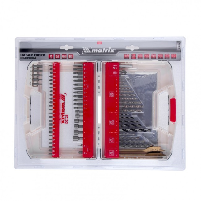 Набор сверл комбинированный, сверла по металлу 1-6.5 мм, бетону 4-8 мм, дереву 4-10 мм, перовые 16,22,25 мм, биты 20 шт, адаптер, головки 2 шт, зенковка, 50 предметов Pro Matrix