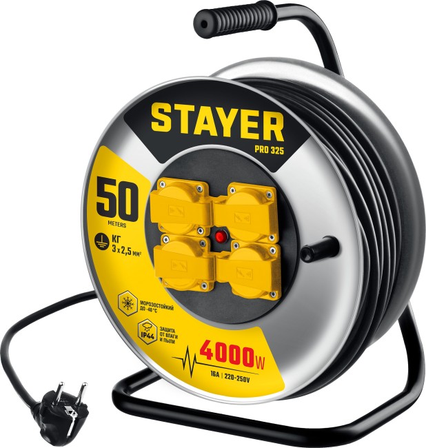 STAYER PRO-325, КГ, 3 х 2.5 мм2, 50 м, 4000 Вт, IP44, силовой удлинитель на стальной катушке (55076-50) STAYER PRO-325, КГ, 3 х 2.5 мм2, 50 м, 4000 Вт, IP44, силовой удлинитель на стальной катушке (55076-50)