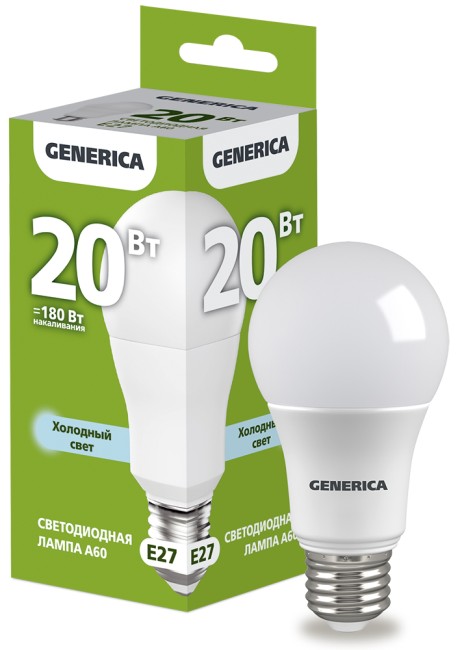 Лампа светодиодная A60 груша 20Вт 230В 6500К E27  | LL-A60-20-230-65-E27-G | GENERICA